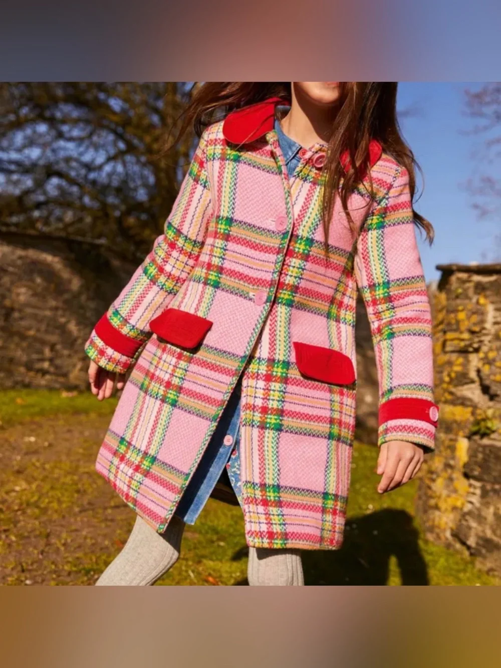 Mini Boden Colorful Plaid Wool Blend Coat Sz 8-9Y